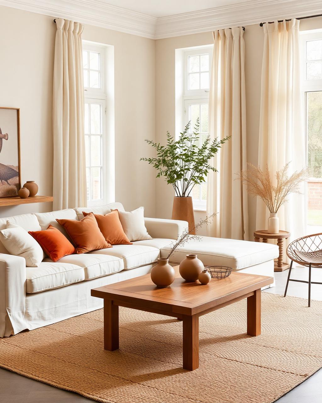 Warm minimal living room with cream sofa and oak coffee table